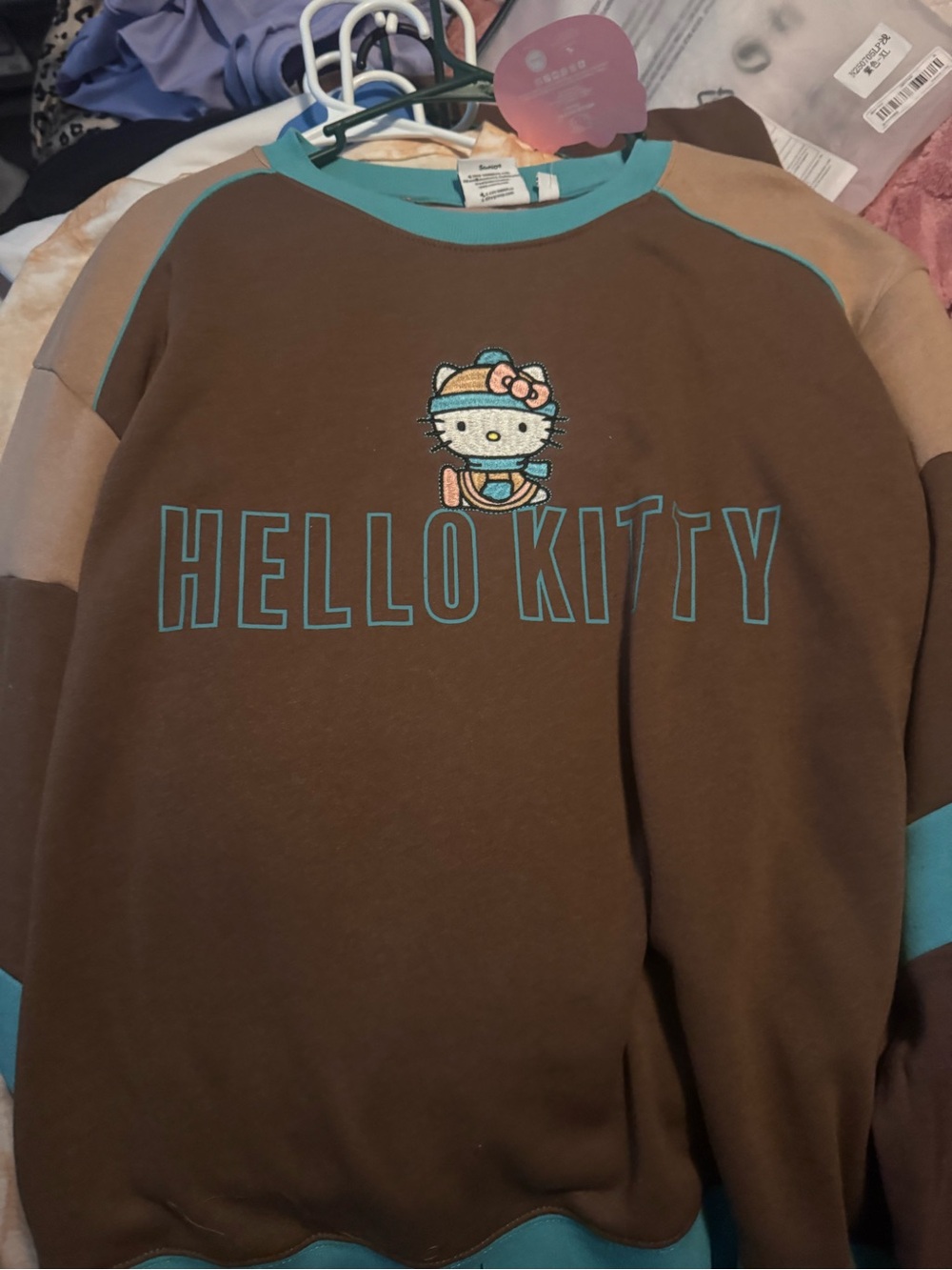 Hello Kitty Brown & Teal Crewneck Sweatshirt with Pink Bow Graphic